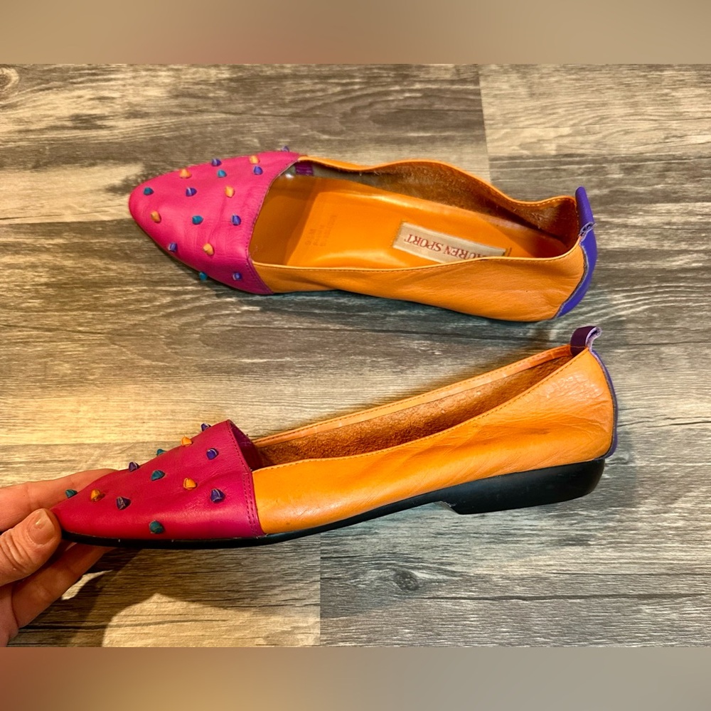 Lauren Sport Ralph Lauren Bubblegum Pink Studded Leather Flats Sz 9 Colorblock - Picture 2 of 8